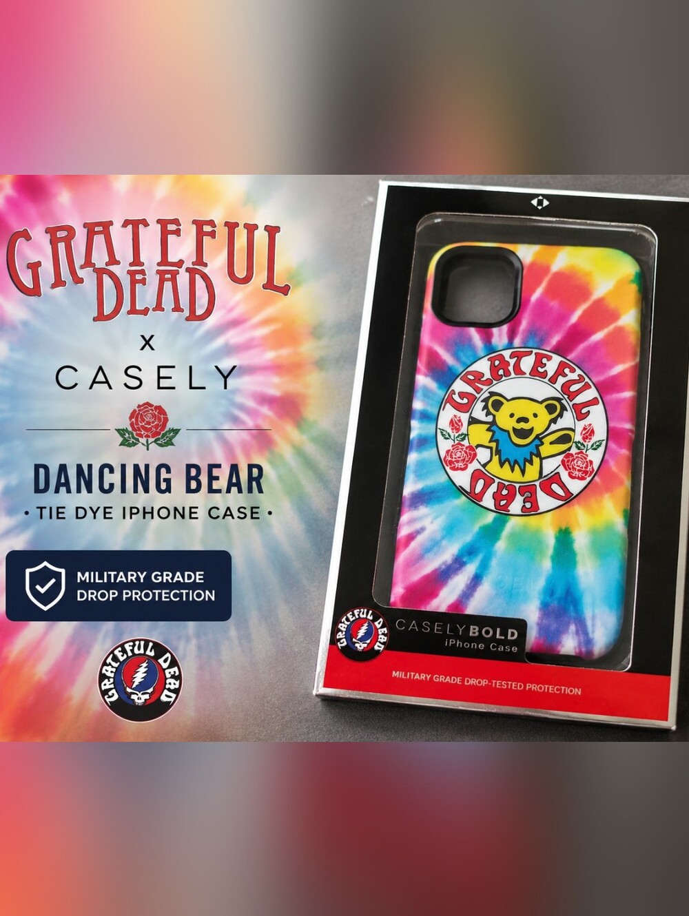 Grateful Dead x Casely Bold Tie Dye Dancing Bear iPhone Case NIB Military Grade